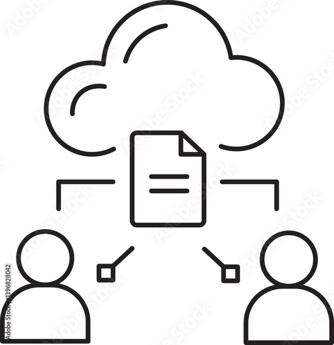 Cloud storage concept with two people sharing document through cloud network. illustration shows simple line design representing digital communication and data sharing