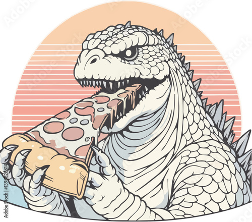 Cartoon dragon with a big smile holding a gift and a fish, looking happy and cute alongside a crocodile