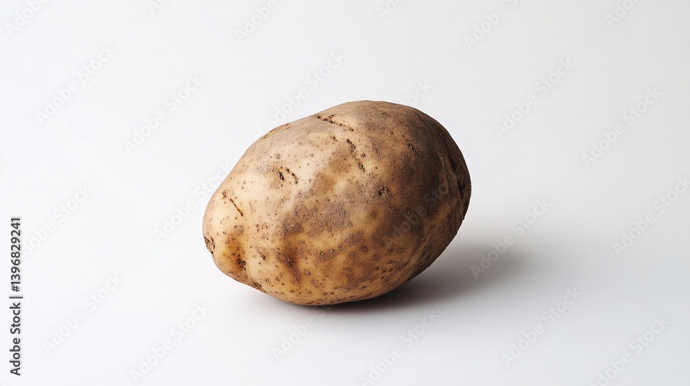 Single russet potato rests on white background, studio shot, food photography Single russet potato rests on white background, studio shot, food photography