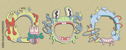 Psychedelic 70s frame set - bizarre funky monster borders, surreal groovy creature illustrations. Trippy alien hippie characters forming decorative round compositions. Colorful quirky doodle elements.