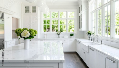 Modern white kitchen with large windows