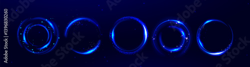 Blue neon glowing circles set on dark background - futuristic round frames, shiny rings with stars, light swirls. Shimmering glossy bubble shapes, magic portal element for fantastic design, hi-tech ui