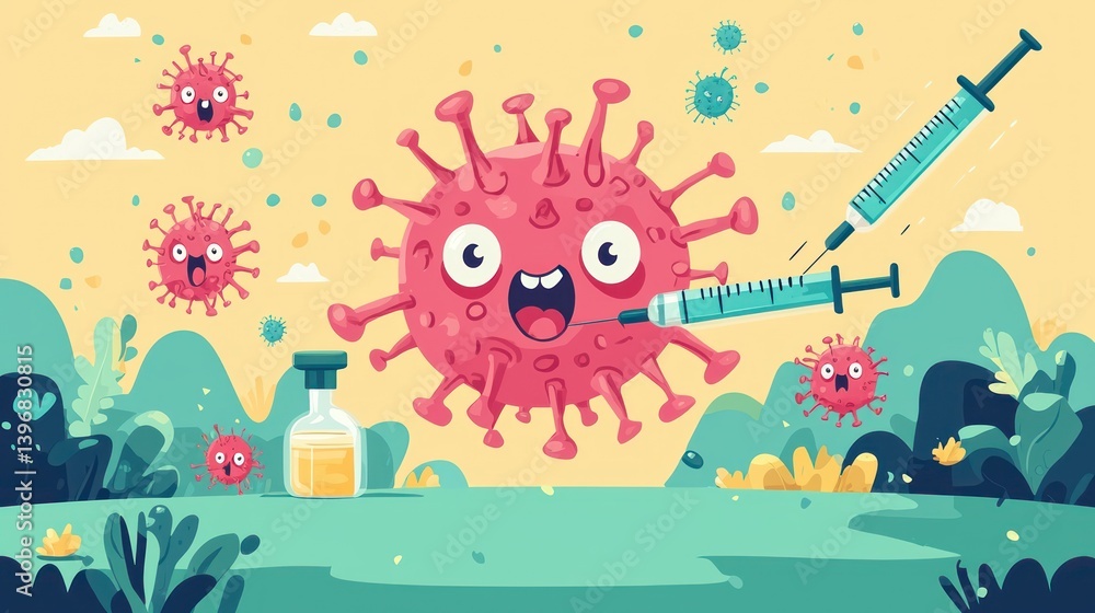 Obraz premium Cartoon virus happily injected with vaccine in nature.