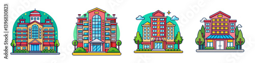 Collection of Colorful Modern Hotel Building Illustrations Featuring Various Architectural Styles