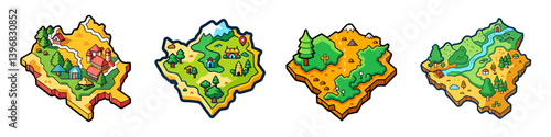 Four Colorful Isometric Illustrations of Imaginary Islands Featuring Diverse Landscapes and Structures