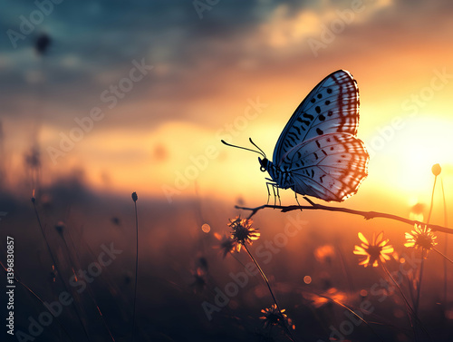 Butterfly resting on a branch at sunset silhouetted against a sky filled with orange and blue colors