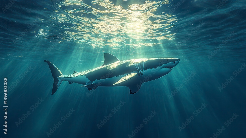 Fototapeta premium Shark ascends through sunlit blue ocean depths, majestic & powerful