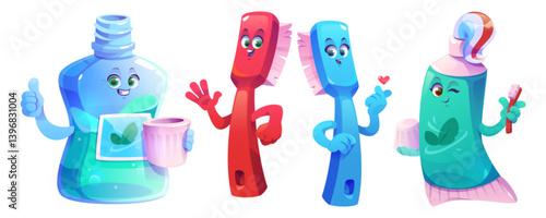 Kids tooth care characters set isolated on white background. Vector cartoon illustration of cute toothbrush, mint toothpaste, mouthwash bottle mascots, dentist health care clinic, oral hygiene symbols