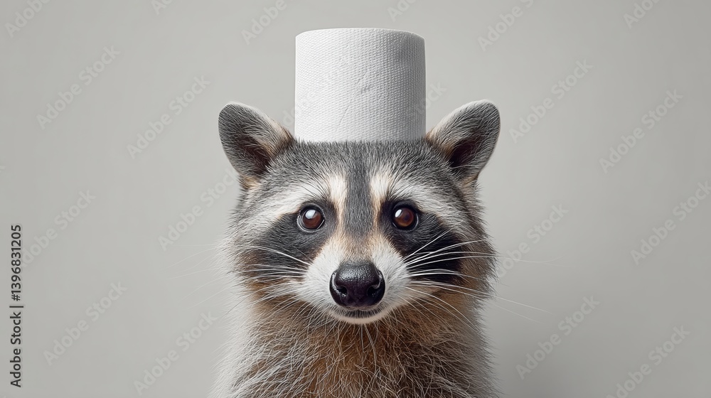 Naklejka premium Raccoon is wearing a toilet paper hat. The raccoon is smiling and looking at the camera