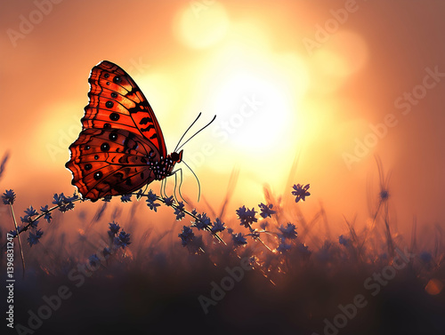 Butterfly resting on a delicate branch with small flowers against a backdrop of a glowing sunset