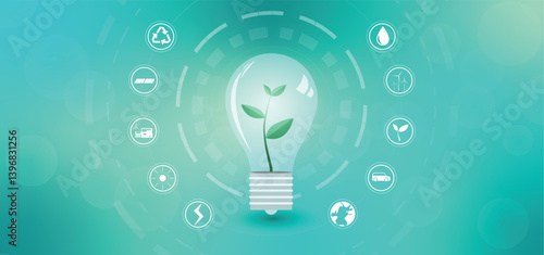 Sustainable living with lightbulb and plant concept, with environmentally friendly green energy. Vector icon symbol illustration green banner  background.