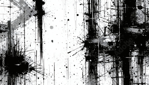 Grunge texture in white and black with sketch abstract design, creating a distressed effect. Overlay distress grain monochrome background for stylish modern print products.