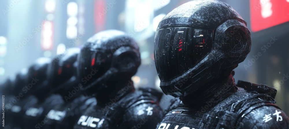Cyberpunk police army on city rain. Generative AI technology.