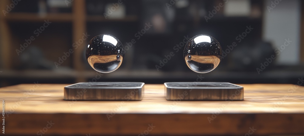 Two steel magnet ball flying. Magnetic field physics science experiment. Generative ai technology.