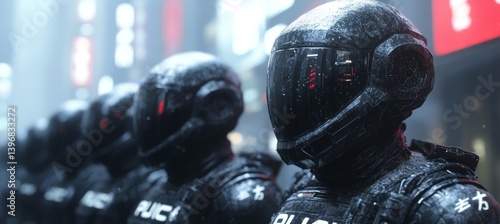 Obraz na płótnie Cyberpunk police army on city rain. Generative AI technology. w salonie