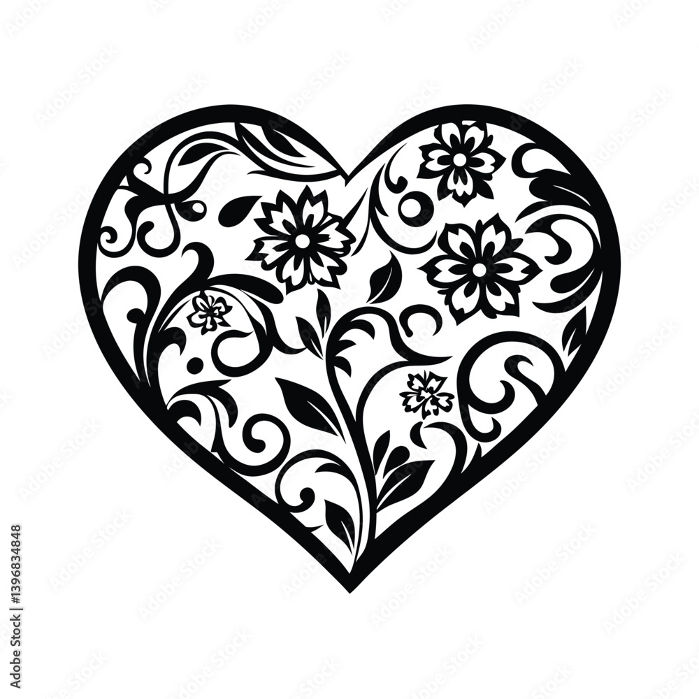 Black Heart Shape with Floral Design, Isolated on White, Romantic, Decorative, Elegant Black Heart Shape with Floral Design, Isolated on White, Romantic, Decorative, Elegant