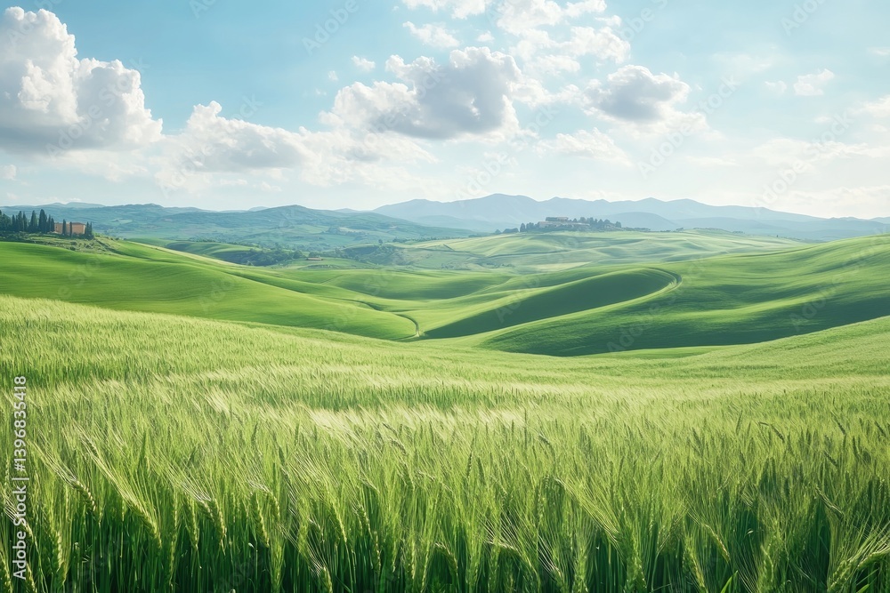Naklejka premium A picturesque view of rolling green hills and wheat fields under a vibrant blue sky.