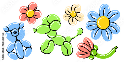 Air balloon animals and flowers set isolated on white background. Vector cartoon illustration of cute inflatable bubble dog, bear, plants for kids birthday party decoration, holiday fun accessory
