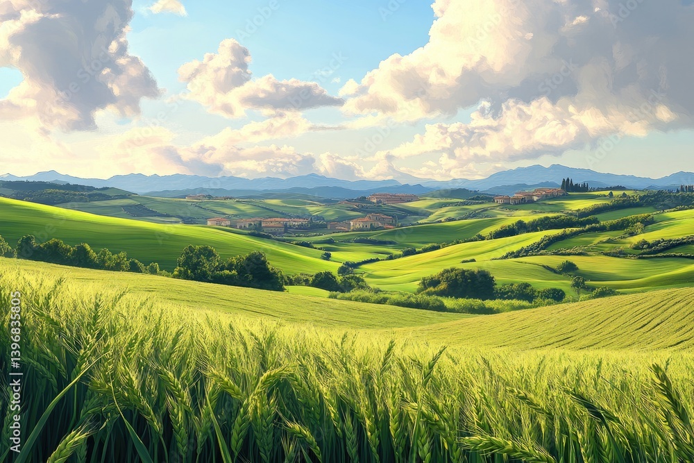 A picturesque landscape of rolling hills, vibrant green fields, and charming villages under a bright, sunny sky. A picturesque landscape of rolling hills, vibrant green fields, and charming villages under a bright, sunny sky.