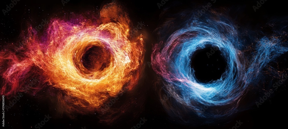Two massive black hole ready to collide. Time space dilation. Science galaxy astronomy. Generative AI technology.