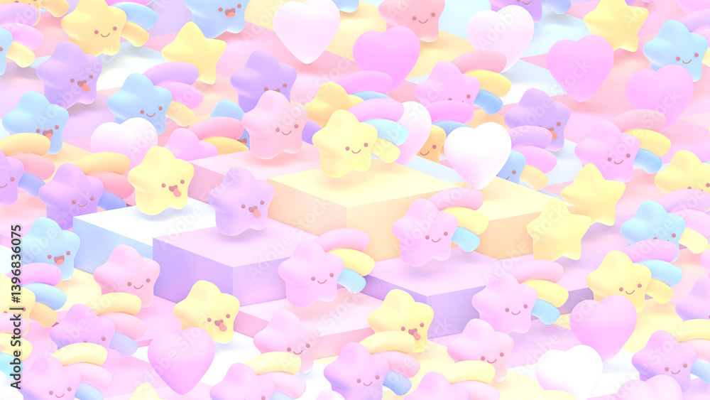 3D render kawaii smiling stars, rainbows, and hearts on stage. 3D render kawaii smiling stars, rainbows, and hearts on stage.