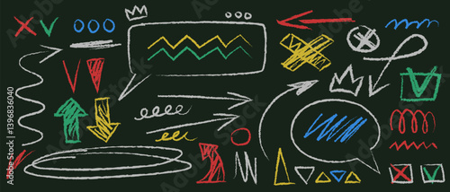 Colorful chalk doodle elements on blackboard - frames and borders, arrows and crowns, check mark lines and lightning bolts, circles and scribbles. Hand drawn sketch shapes set on school chalkboard.