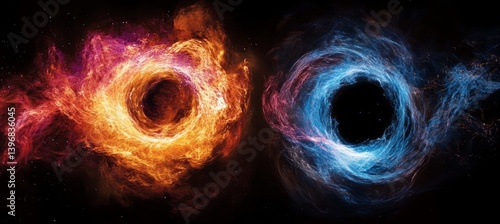 Obraz na płótnie Two massive black hole ready to collide. Time space dilation. Science galaxy astronomy. Generative AI technology.
w salonie