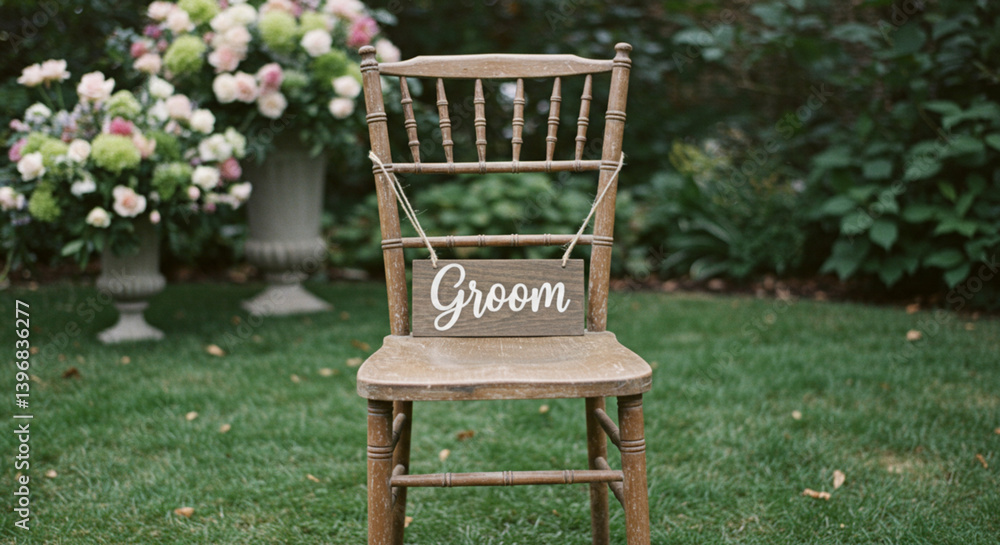 Rustic groom chair with floral backdrop in a garden setting Rustic groom chair with floral backdrop in a garden setting