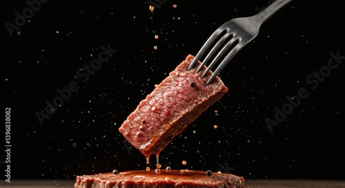 Delicious Rare Steak on a Fork with Dripping Sauce and Black Pepper