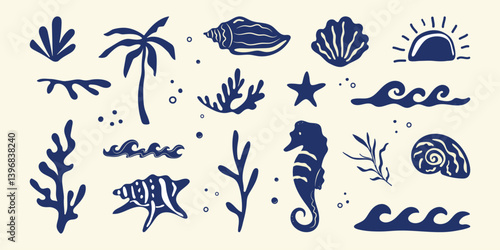 Boho summer set. Naive geometric palm tree, seashells, wave, corals, sun sea, icon. Tropical retro groovy surf club, summer beach blue background. Hawaiian hand drawn isolated vector illustration.