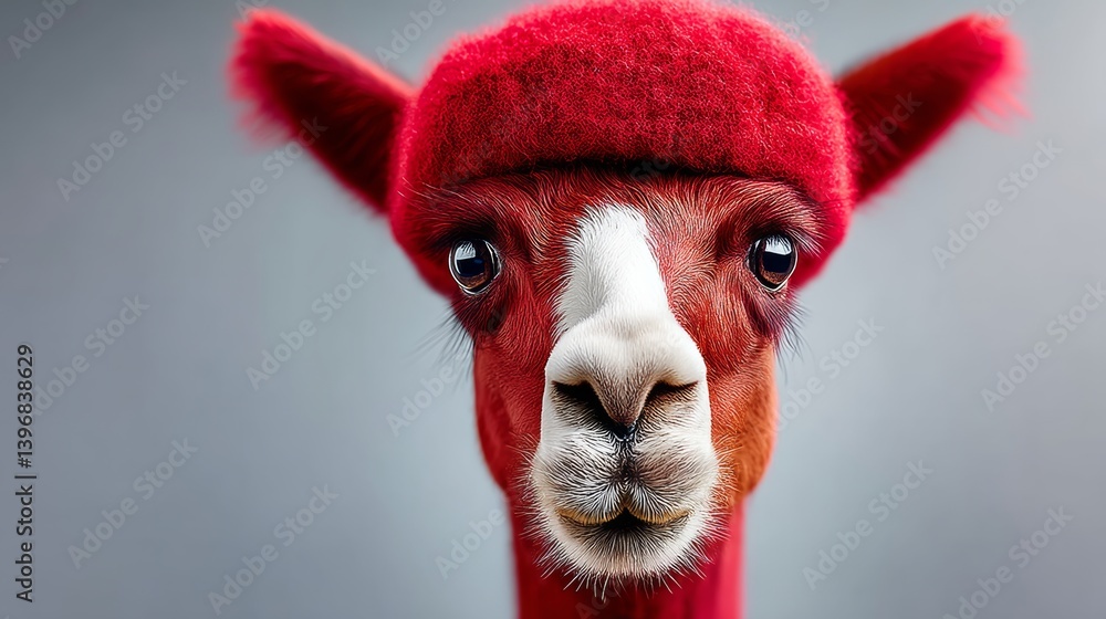 Fototapeta premium Red llama with a red hat on its head. The llama has a white spot on its face
