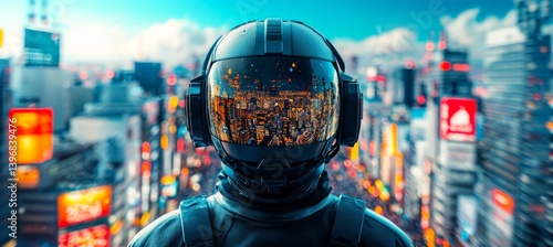 Obraz na płótnie Modern Astronaut helmet man with modern city background. Generative AI technology.
w salonie