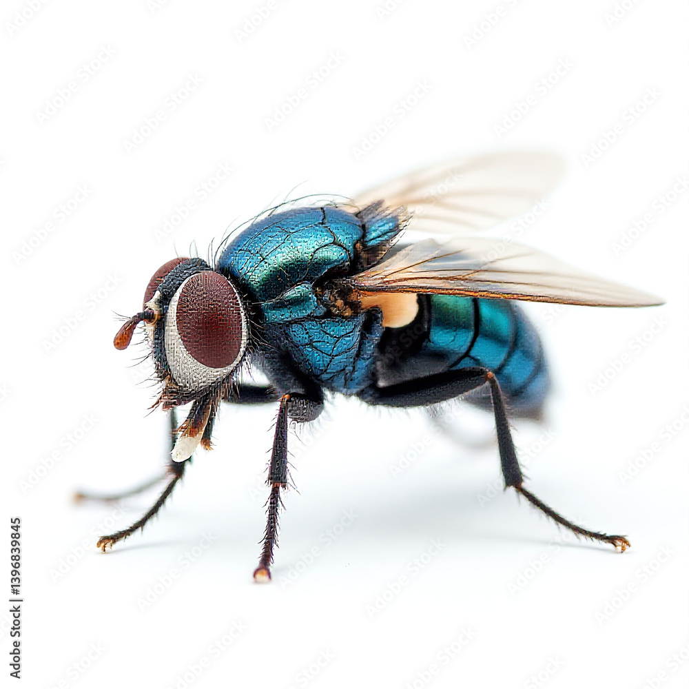 Macro blue fly, detailed insect view, isolated clean composition, white background close-up Macro blue fly, detailed insect view, isolated clean composition, white background close-up