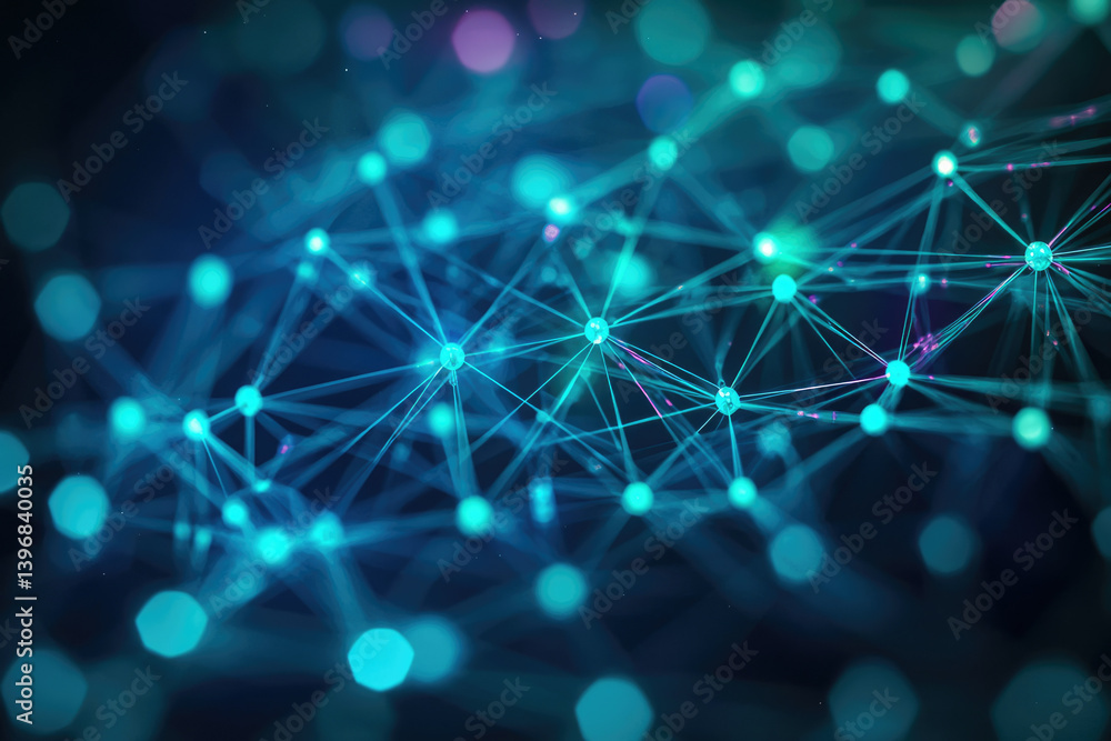 Abstract network of connected glowing blue nodes, resembling data connections, artificial intelligence, or a futuristic technology concept against a dark background.