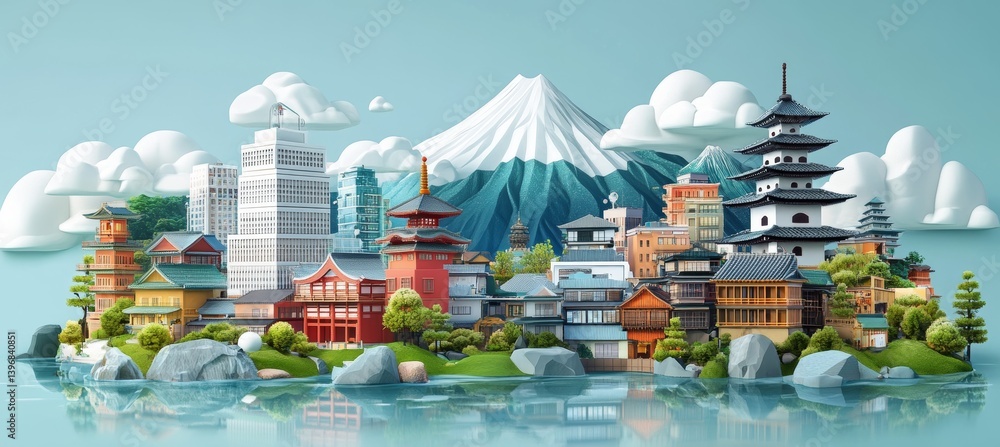 Modern Japan city building with snow mountain background. Metropolis urban area. Generative AI technology.