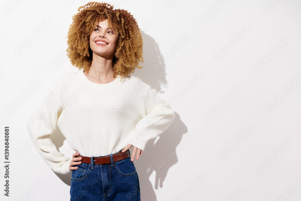 Smiling woman with curly hair on a white background, wearing a cozy off white sweater and high waisted jeans, exuding confidence and joy, perfect for lifestyle concepts