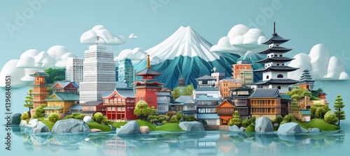 Obraz na płótnie Modern Japan city building with snow mountain background. Metropolis urban area. Generative AI technology.
w salonie