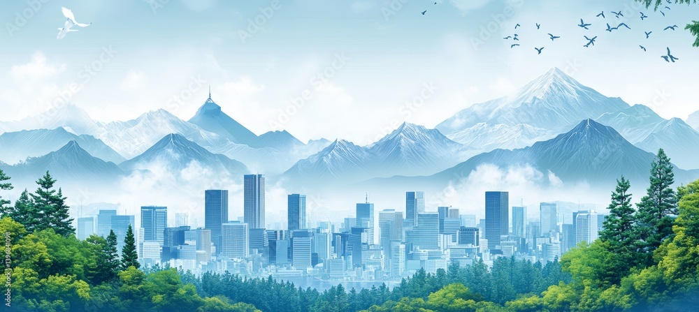 Metropolis city on misty mountain valley. Generative AI technology.
