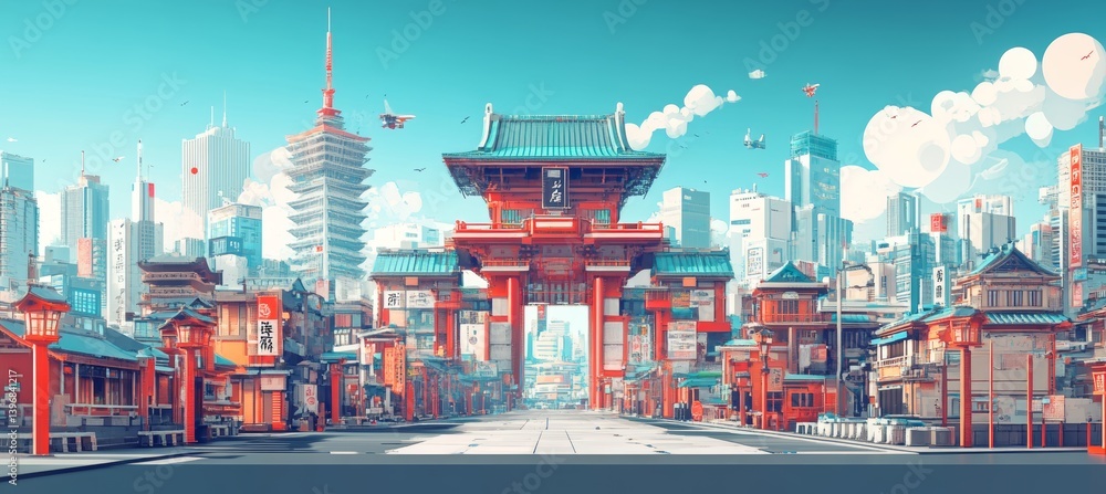 Shinto Torii temple gate with city skyscraper buildings background. Metropolis urban area. Generative AI technology.