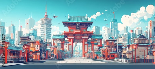 Obraz na płótnie Shinto Torii temple gate with city skyscraper buildings background. Metropolis urban area. Generative AI technology.
w salonie