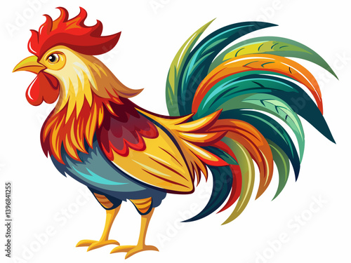 A vector illustration of a proud rooster with vibrant feathers, isolated on a white background