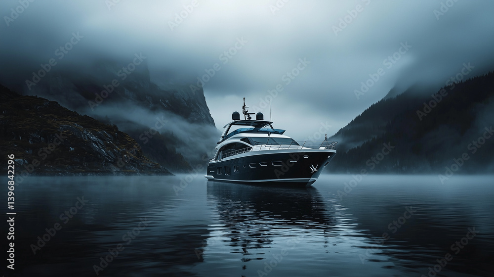 Naklejka premium Moody scene of luxury yacht cruising alone through misty fjord with dramatic mountains