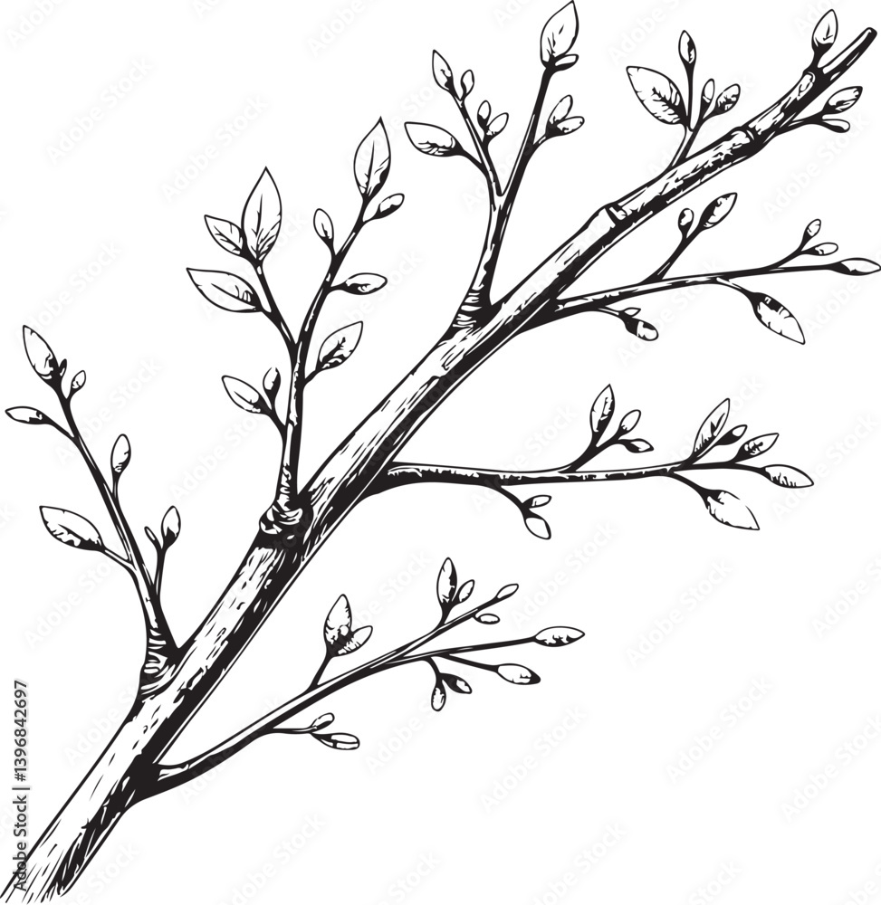 Twig Branch Black and White Vector Illustration, Sketch Drawing Line Linear Symbol Icon Engraving, Hand-drawn Isolated Twig Branch Black and White Vector Illustration, Sketch Drawing Line Linear Symbol Icon Engraving, Hand-drawn Isolated