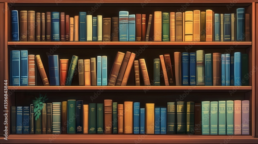 retro bookshelf filled with classic, old books adds charm and warmth to the dark, quiet atmosphere of the university library. retro bookshelf filled with classic, old books adds charm and warmth to the dark, quiet atmosphere of the university library.
