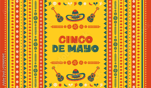 Festive Cinco de Mayo 2025 vector illustration banner with Mexican folk art decorations. Festive Mexican pattern background. 