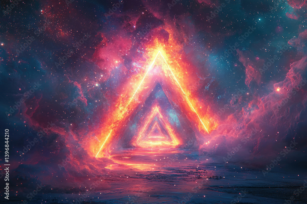 A cosmic portal with fiery triangle frames amidst nebulae and stars, leading to an unknown, fantastical destination.