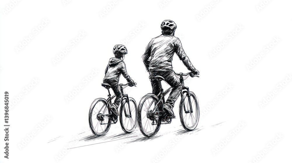 Naklejka premium Father and son cycling together.