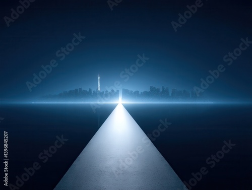 Wallpaper Mural A serene digital artwork depicting a futuristic city skyline illuminated by a bright pathway leading towards it across a dark ocean. Torontodigital.ca