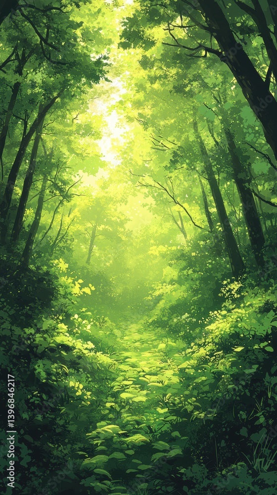 Enchanting forest with sunlight streaming through the canopy of green trees in a summer setting Enchanting forest with sunlight streaming through the canopy of green trees in a summer setting