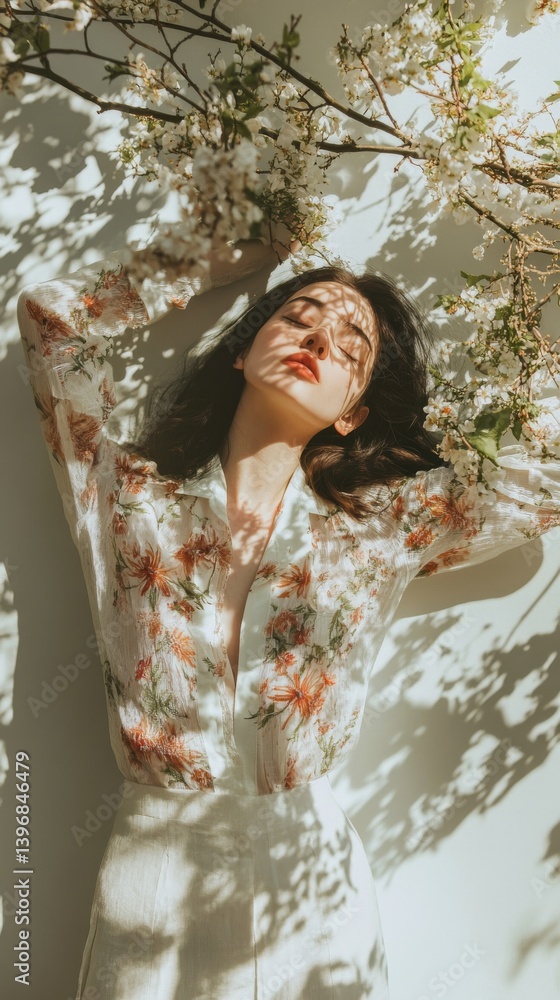 Woman relaxing in a floral setting with sun light shining down Woman relaxing in a floral setting with sun light shining down
